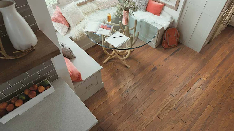 dark stained hardwood flooring in an elegant kitchen breakfast nook